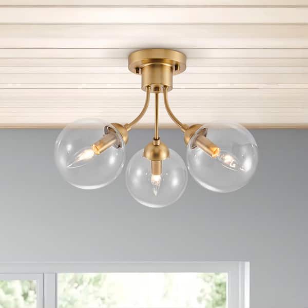 RRTYO Elektra 18.5 in. 3-Light Gold Glass Globe Sputnik Semi-Flush Mount with Glass Bubble