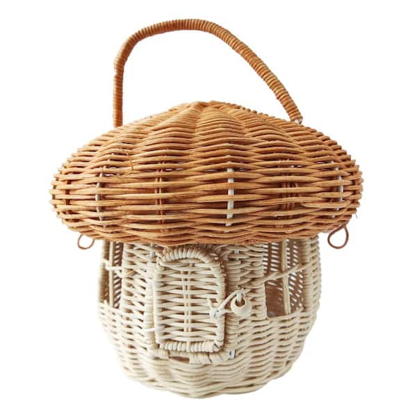 Mushroom Shape 1-Piece Natural Wicker Woven Picnic Basket with Lid and Handles Set for Home Kitchen