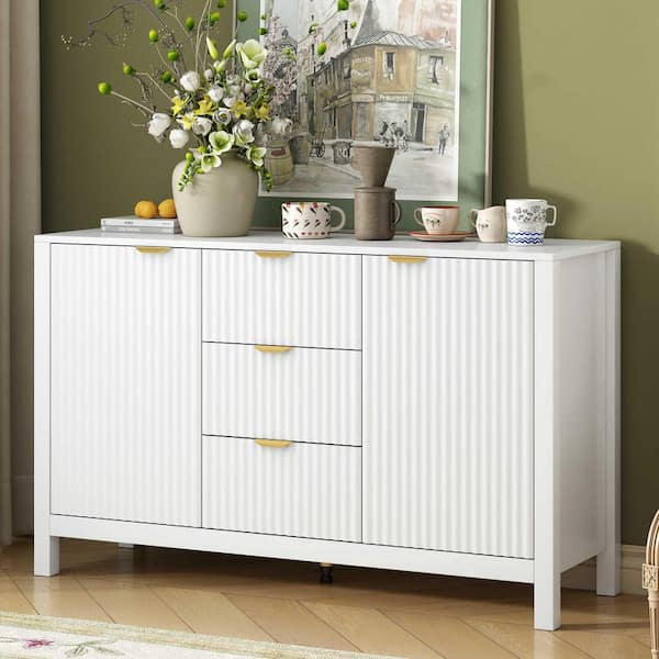 White Wood 47.2 in. Sideboards with Wave Design - 3 Adjustable Shelves, 3 Drawers & Soft-Close Doors
