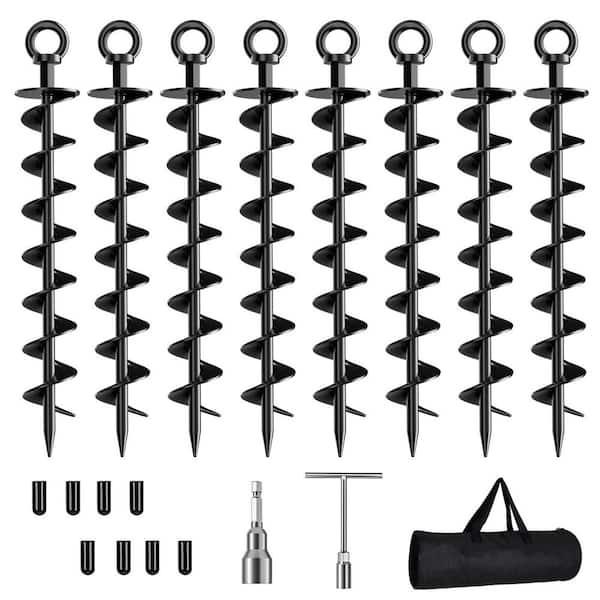 Heavy Duty Spiral Trampoline Anchors with Nut and Tool Swing Set for Sheds, Carports, Mobile Home, Black (8-Pack)