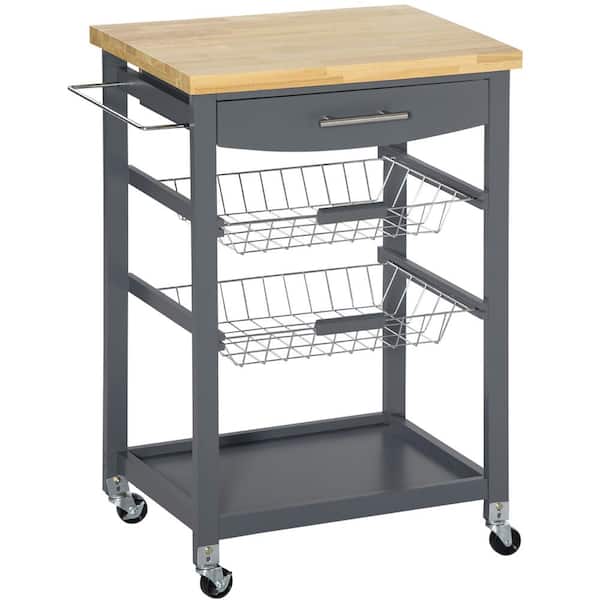 HOMCOM Grey 3-Tier Utility Kitchen Cart with Rubber Wood Top