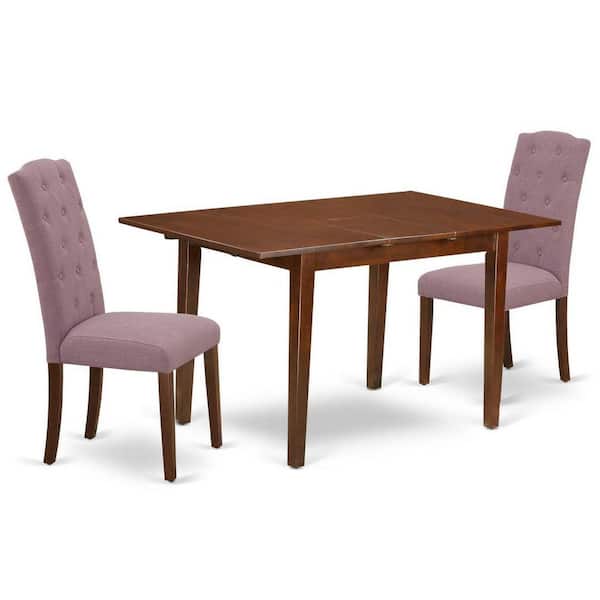 East West Furniture 3-Piece Mahogany Finish Rectangular Solid Wood Top with Butterfly Leaf Dining Table Set