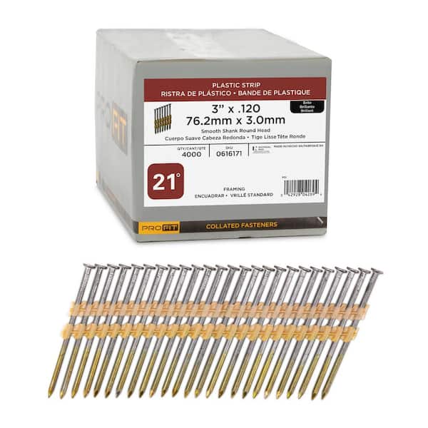 3 in. x 0.120-Gauge 21° Bright Finish Smooth Shank Plastic Strip Framing Nails (4000 per Box)