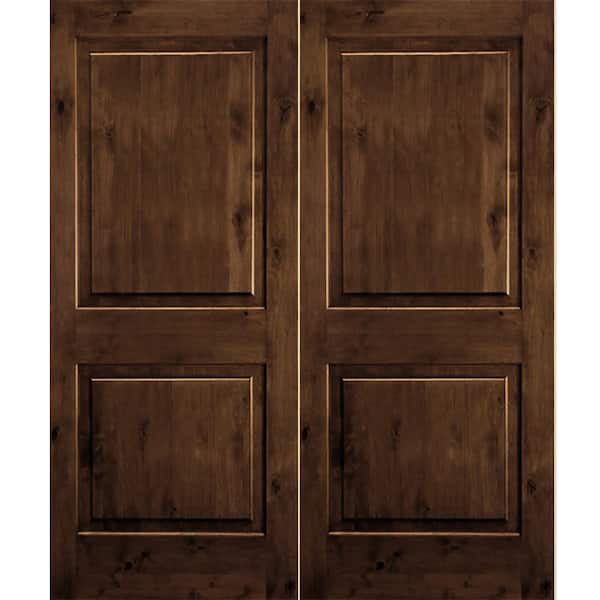 Krosswood Doors 64 in. x 96 in. Rustic Knotty Alder 2-Panel Square Top Provincial Stain Left-Hand Wood Double Prehung Front Door