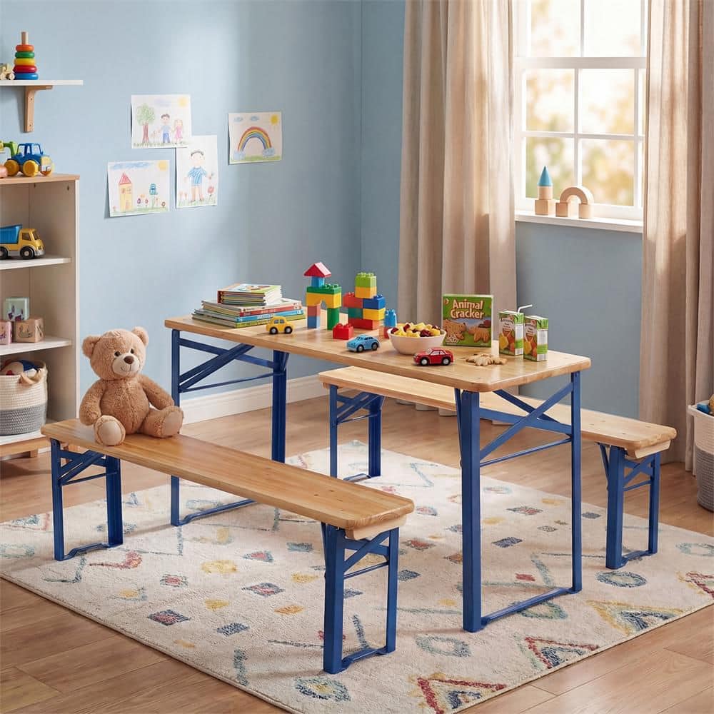 "43.5 in. Navy Blue Rectangle Iron Folding Kids Picnic Table & Bench Set with 0.8"" Thick Fir Wood Top Natural" price history on PriceWatchPro