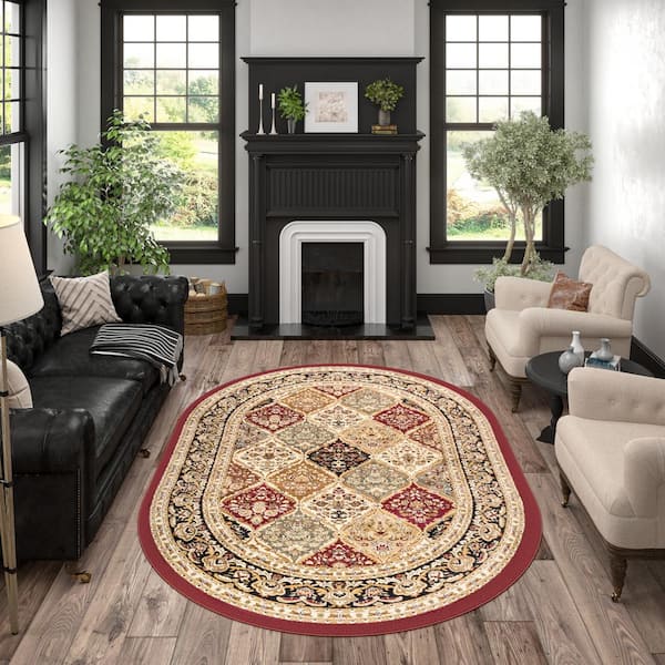 Sensation Border Red 5 ft. x 8ft. Oval Indoor Area Rug