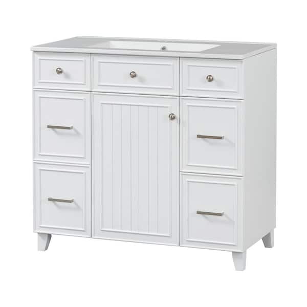 36 in. W x 18 in. D x 34 in. H Single Sink Freestanding Bath Vanity in White with White Ceramic Top, Soft Close