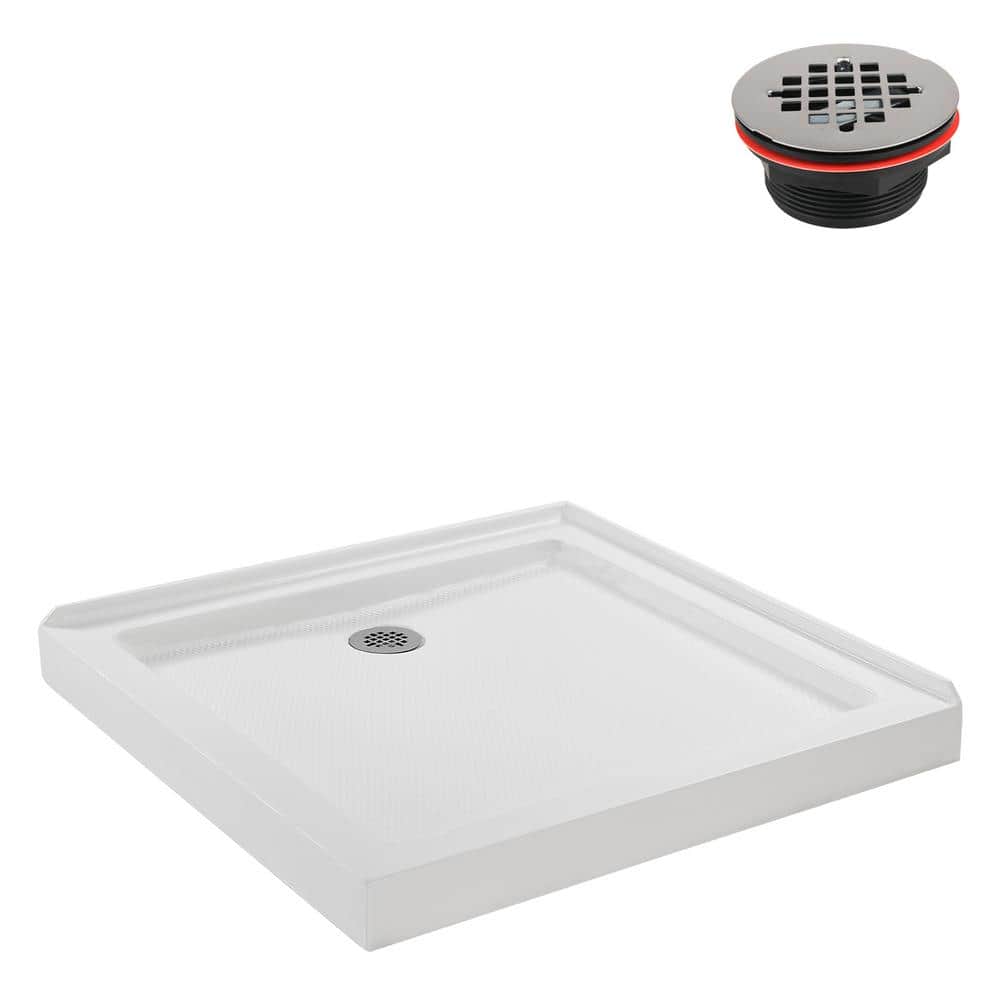 36'' Square Glossy White Acrylic Shower Base with ABS Drain
