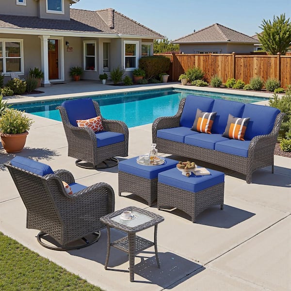 Clario 6-Piece Wicker Patio Sectional Conversation Set with Navy Blue Cushion and 360° Rocking Swivel Chair for Backyard