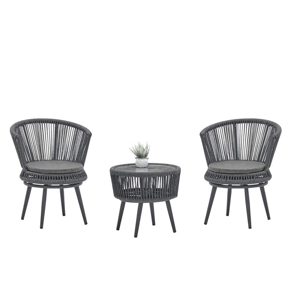 Black 3-Piece Rattan Modern Wicker With Rope Rattan Hand Woven Round Outdoo