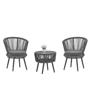 SIMPLE LIFE.3 Piece Grey Rattan Outdoor Coffee Table And Swivel Chair Set With Grey Cushions