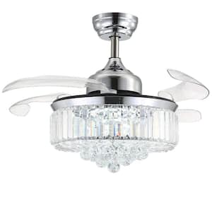 36 in. Smart Indoor Silver Retractable Blades Crystal Chandelier Ceiling Fan with Dimmable Integrated LED