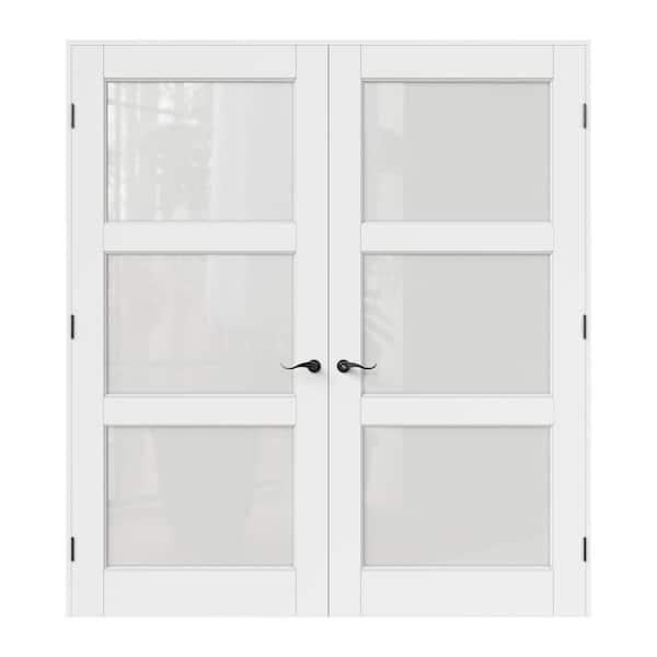 72 in. x 80 in. 3-Lite Frosted Glass Universal White Solid Core Glass Double Prehung French Door + Quick Assemble Jamb