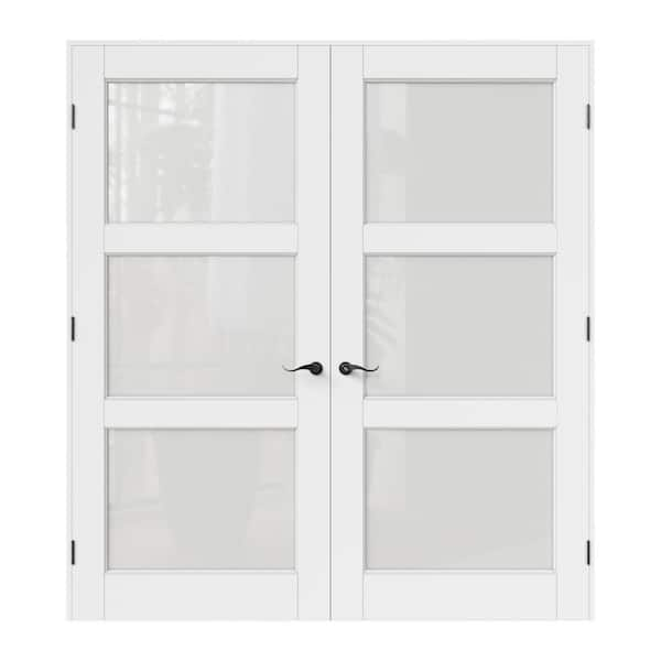 72 in. x 80 in. Universal Handed 3-Lite Frosted Glass White Solid Core MDF Double French Door with Quick Assemble Jamb