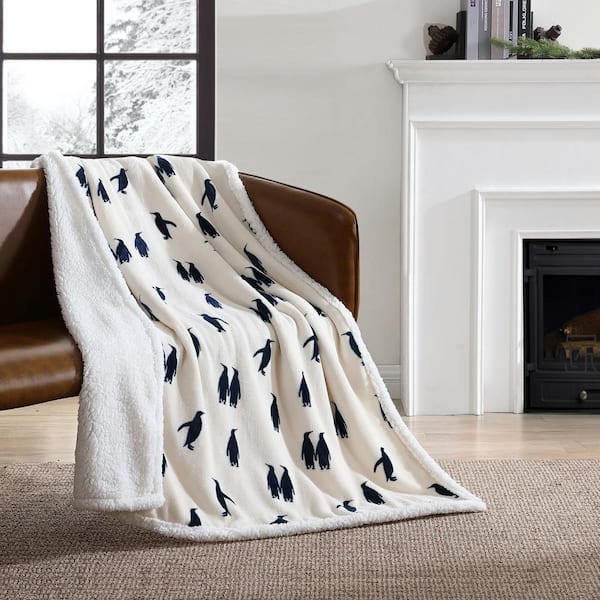 Eddie Bauer Ultra Plush Emperor Penguin Navy Sherpa Reverse Throw
