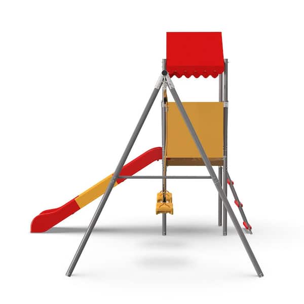 Orange Metal and Plastic Treehouse Swing Set with Slide, Belt