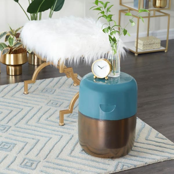 Litton Lane 13 in. Blue Medium Round Stoneware End Accent Table