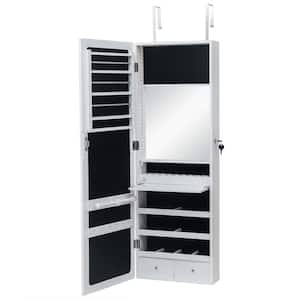 Whole Body Wall Hanging White Jewelry Armoire Cabinet with Interior Mirror and LED Lights 43 in. H x 14 in. W x 5 in. D
