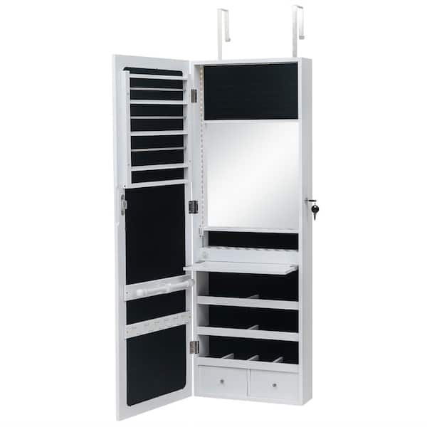 Karl home Wall Hanging White Jewelry Armoire with Interior Mirror and LED Lights 42.5 in. H x 14.4 in. W x 4.8 in. D