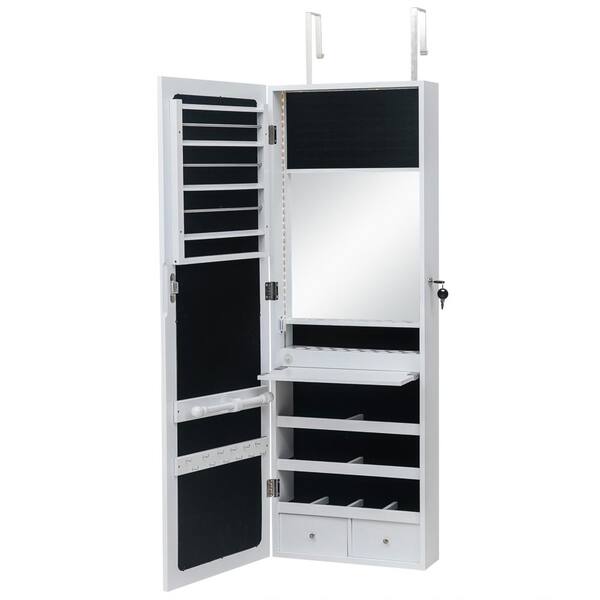 Winado Wall Hanging White Jewelry Armoire with Interior Mirror and LED Lights 42.5 in. H x 14.4 in. W x 4.8 in. D