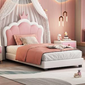 White Frame Twin Size Upholstered Wooden Princess Bed with Pink Crown Headboard