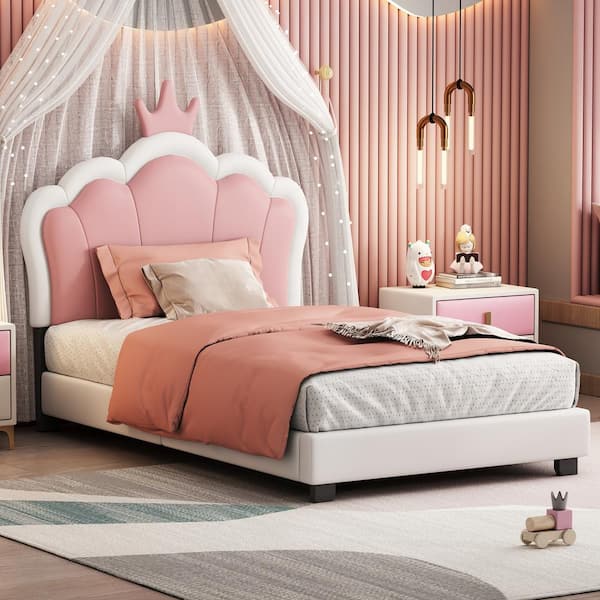 Harper & Bright Designs White Frame Twin Size Upholstered Wooden Princess Bed with Pink Crown Headboard