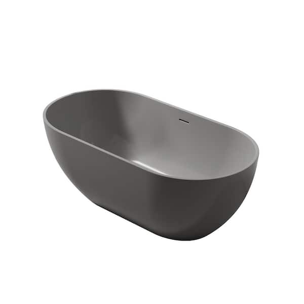 59.10 in. x 29.50 in. Flat Bottom Solid Surface Freestanding Soaking Bathtub with Center Drain in Matte Gray