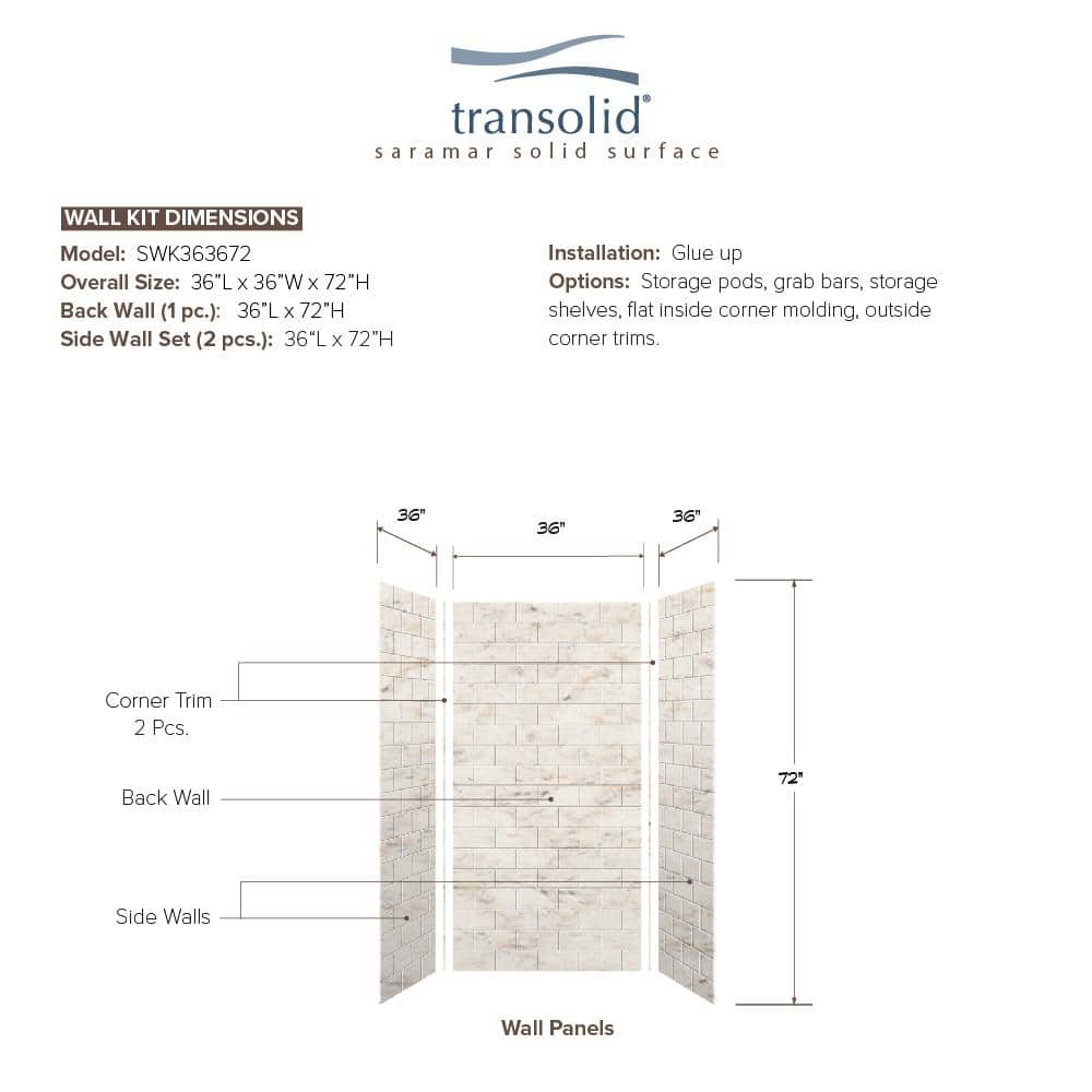 Biscotti Marble 36" x 36" x 72" 3-Piece Shower Wall Kit