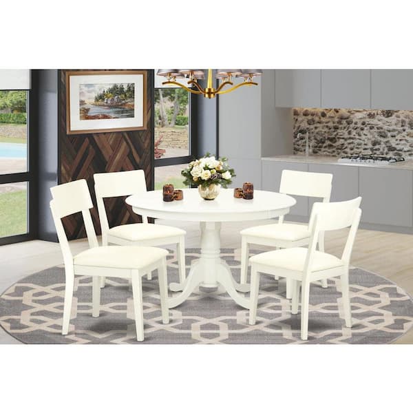 East West Furniture 5-Piece Linen White Finish Solid Wood Top Dining table with 4 Chairs with Lattice Back