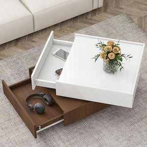 360° Rotating 23.6 in. White Square Wood Coffee Table with 2-Drawers, Walnut Table Frame Side Table for Living Room