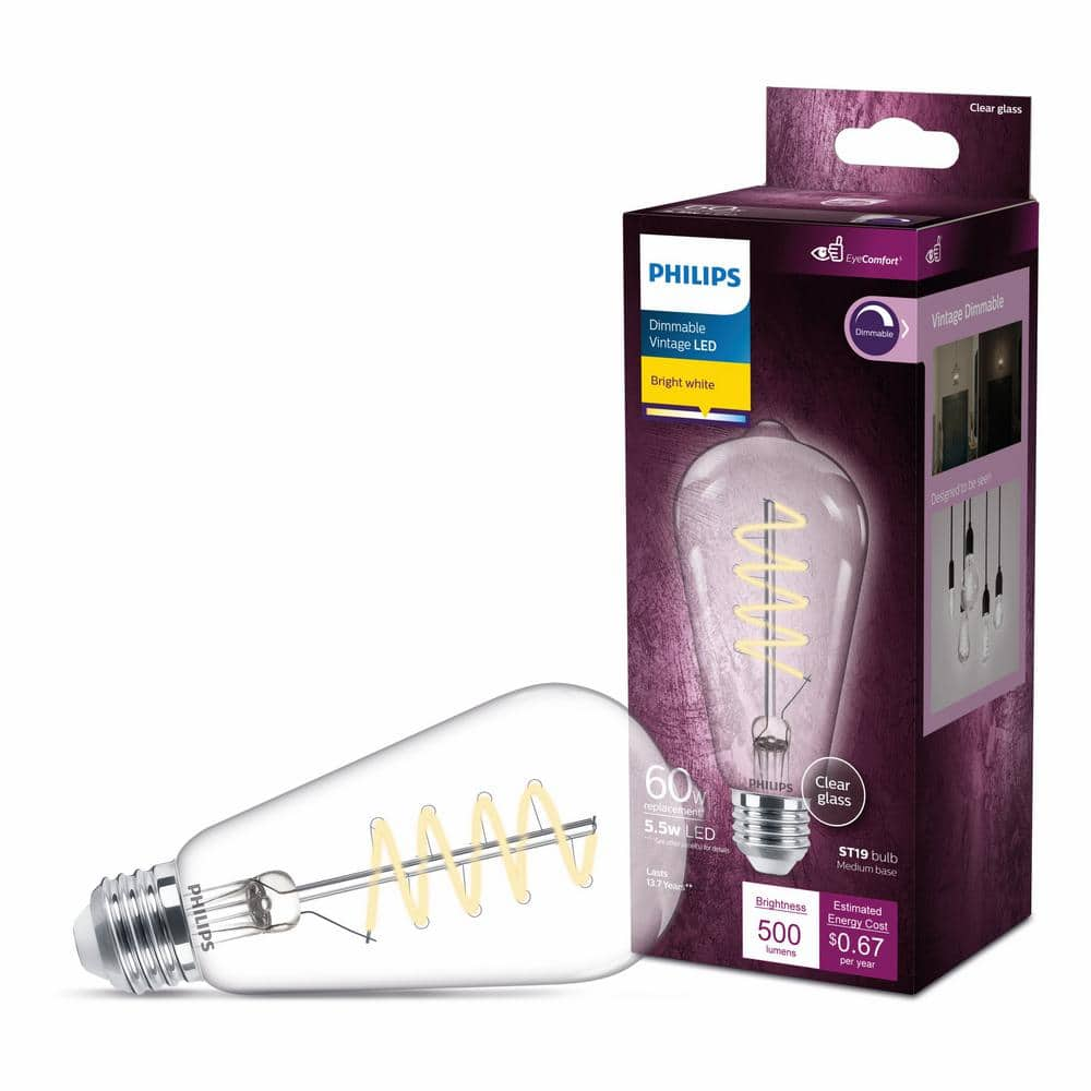 Philips 60-Watt Equivalent ST19 Spiral Filament Dimmable E26 Vintage Edison LED Light Bulb Bright White 3000K (1-Pack)