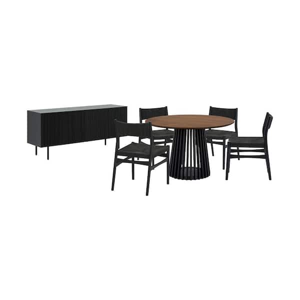 Armen Living Pasadena Erie 6-Piece Round Walnut Wood Top Dining Room Set Seats 4