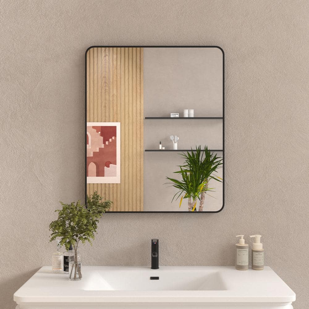 Black 30 in. W x 36 in. Modern Rectangle Metal Framed Bathroom Wall Mirror,