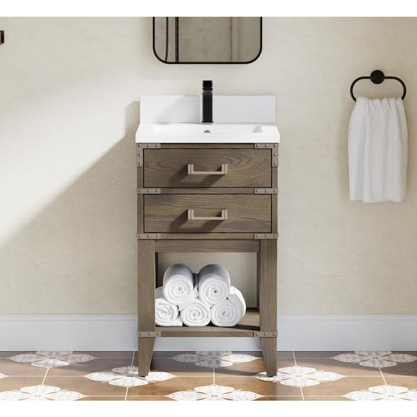 ANGELES HOME 20 in. W Freestanding Wood Bath Vanity in Grey Oak, White Marble Top with Single Sink