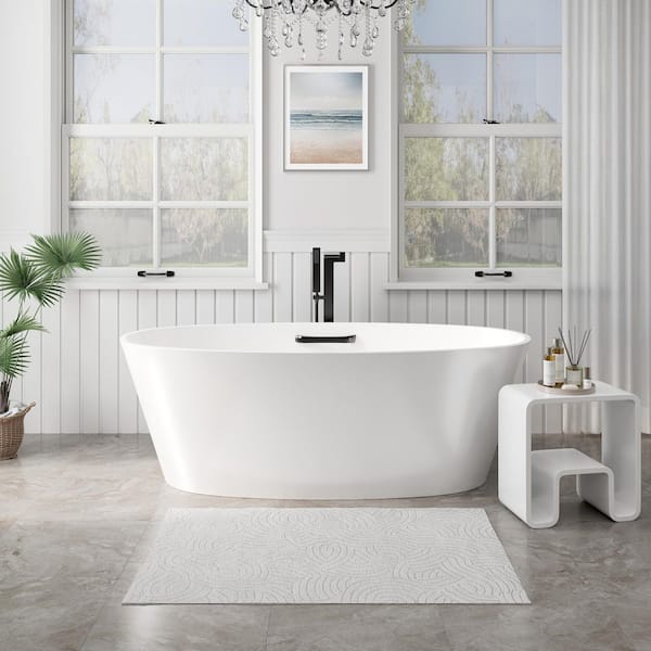 63 in. x 30 in. Soaking Bathtub with Center Drain and Black Side Grab Bar in Matte White