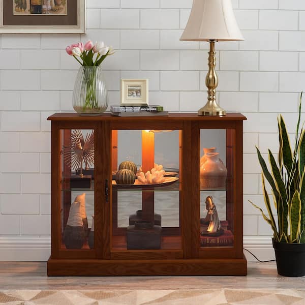 GOOD & GRACIOUS 38.25 in. Walnut Console Curio Cabinet with Adjustable Glass Shelves and Mirrored Back