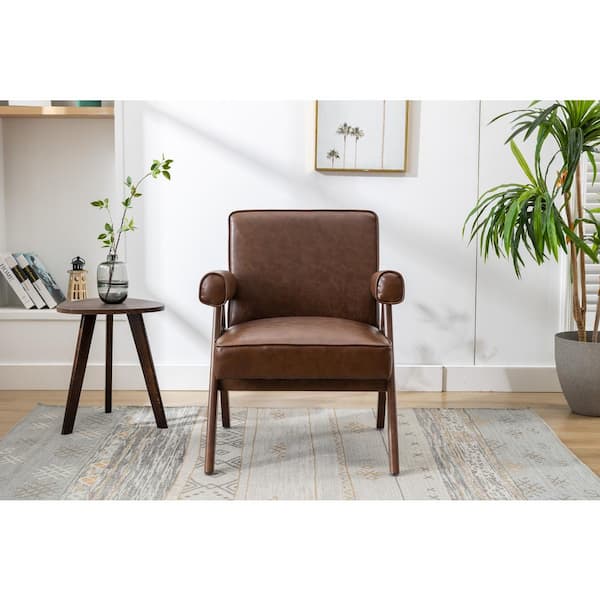 HOMEFUN Mid Century Modern Brown Faux Leather Accent Armchair with Solid Wood Frame