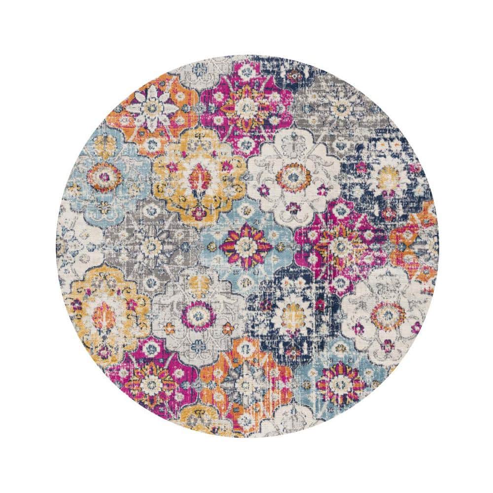 Gray Beige and Blue 5 ft.  Round ft. Woven Geometric Polypropylene Indoor Area Rug price history on PriceWatchPro