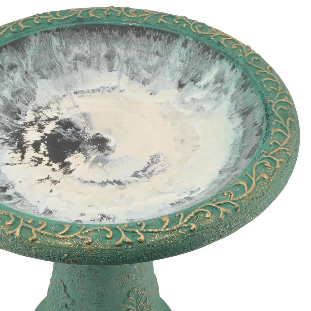 Green Fiberclay Ornate Floral Standing Birdbath