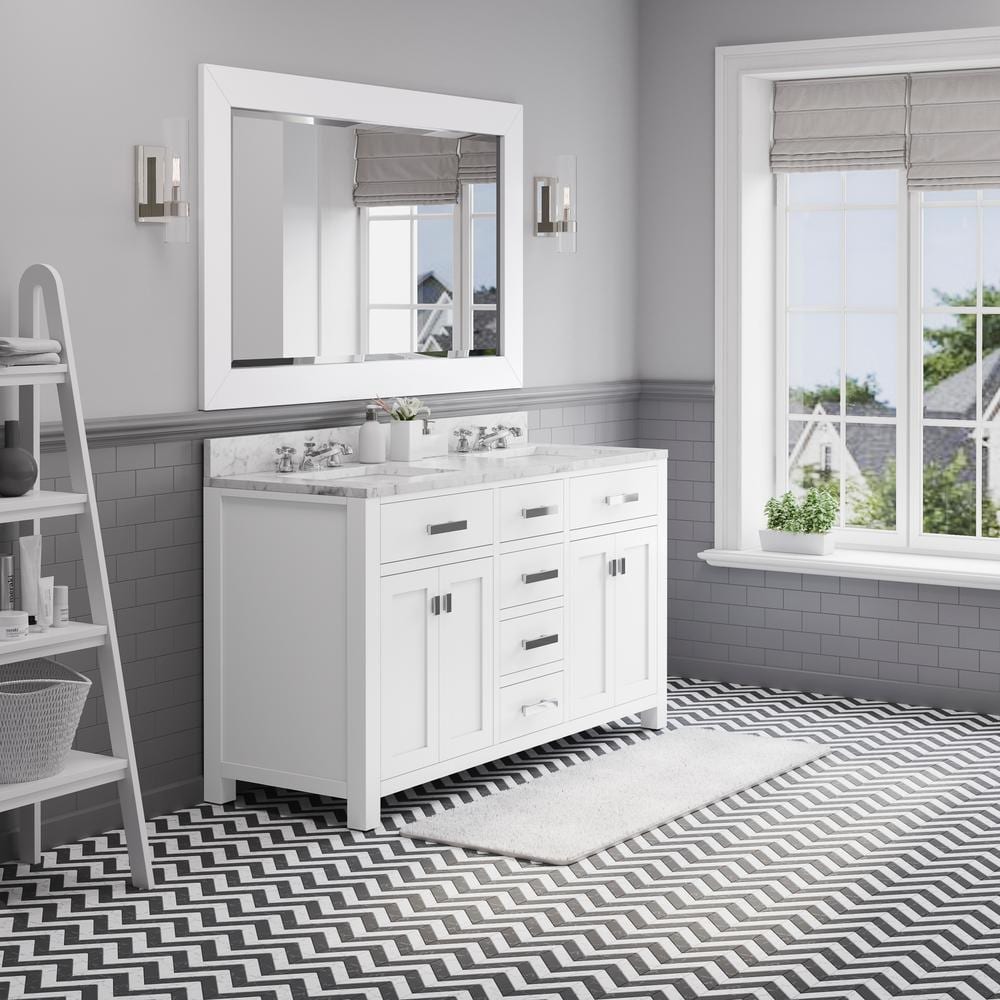 Madison 60" White Marble Double Sink Bathroom Vanity with Mirror