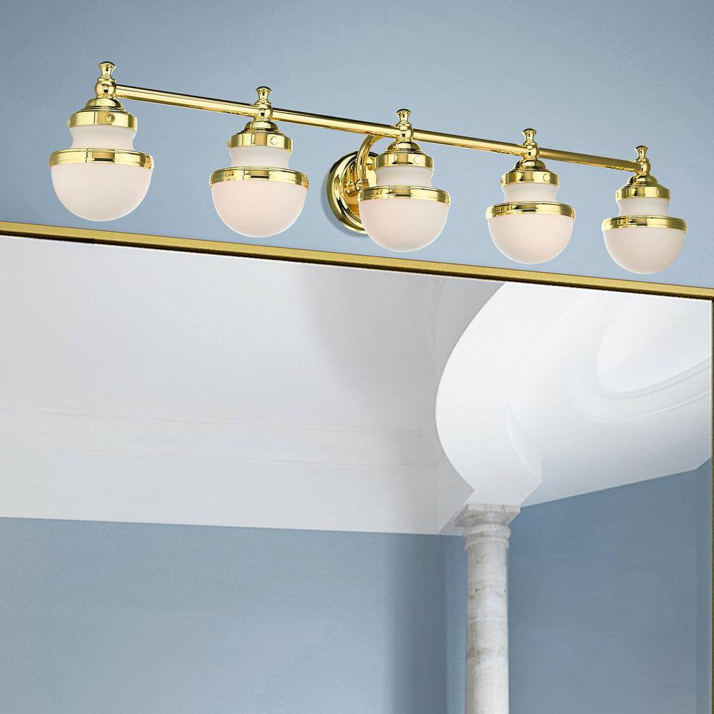 Polished Brass 5-Light Vanity with Satin Opal Glass