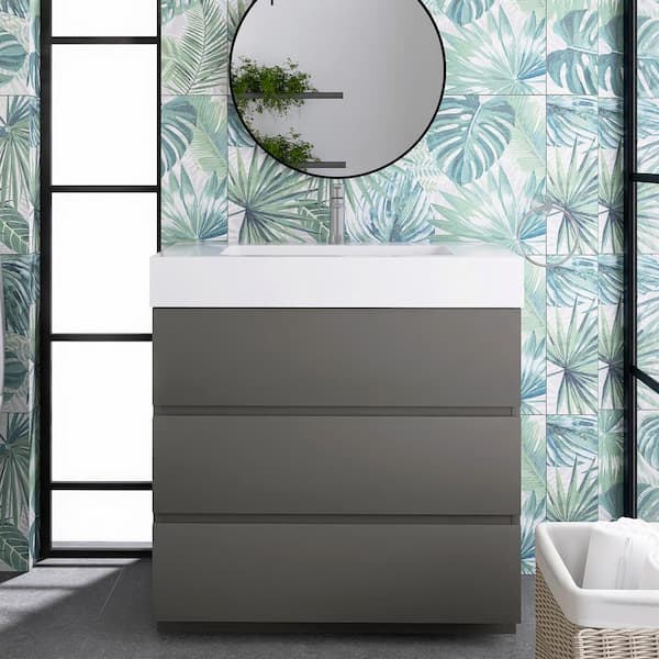 JimsMaison 36 in. W x 18 in. D x 37 in. H Single Sink Freestanding Bath Vanity in Space Grey with White Cultured Marble Top