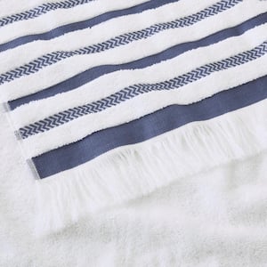 Turkish Cotton White and Lake Blue Stripe 6-Piece Fringe Bath Towel Set