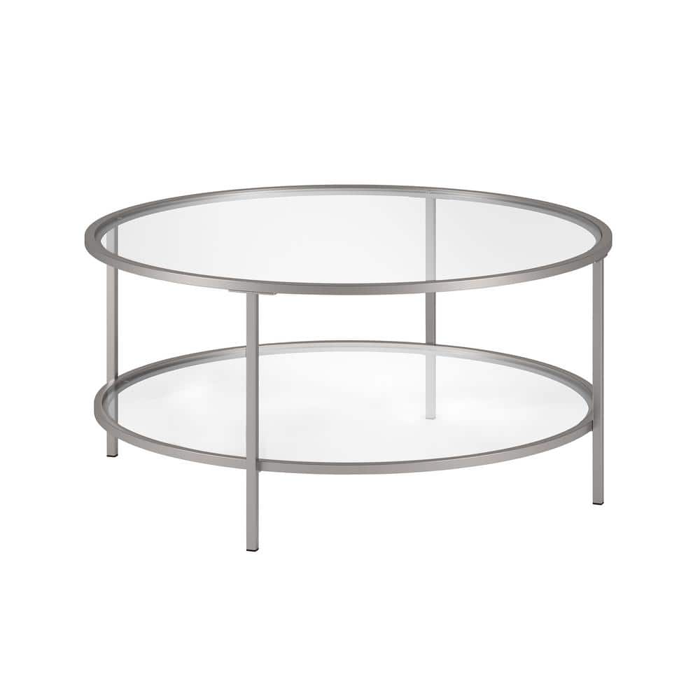 Round Nickel and Glass Coffee Table with Shelf