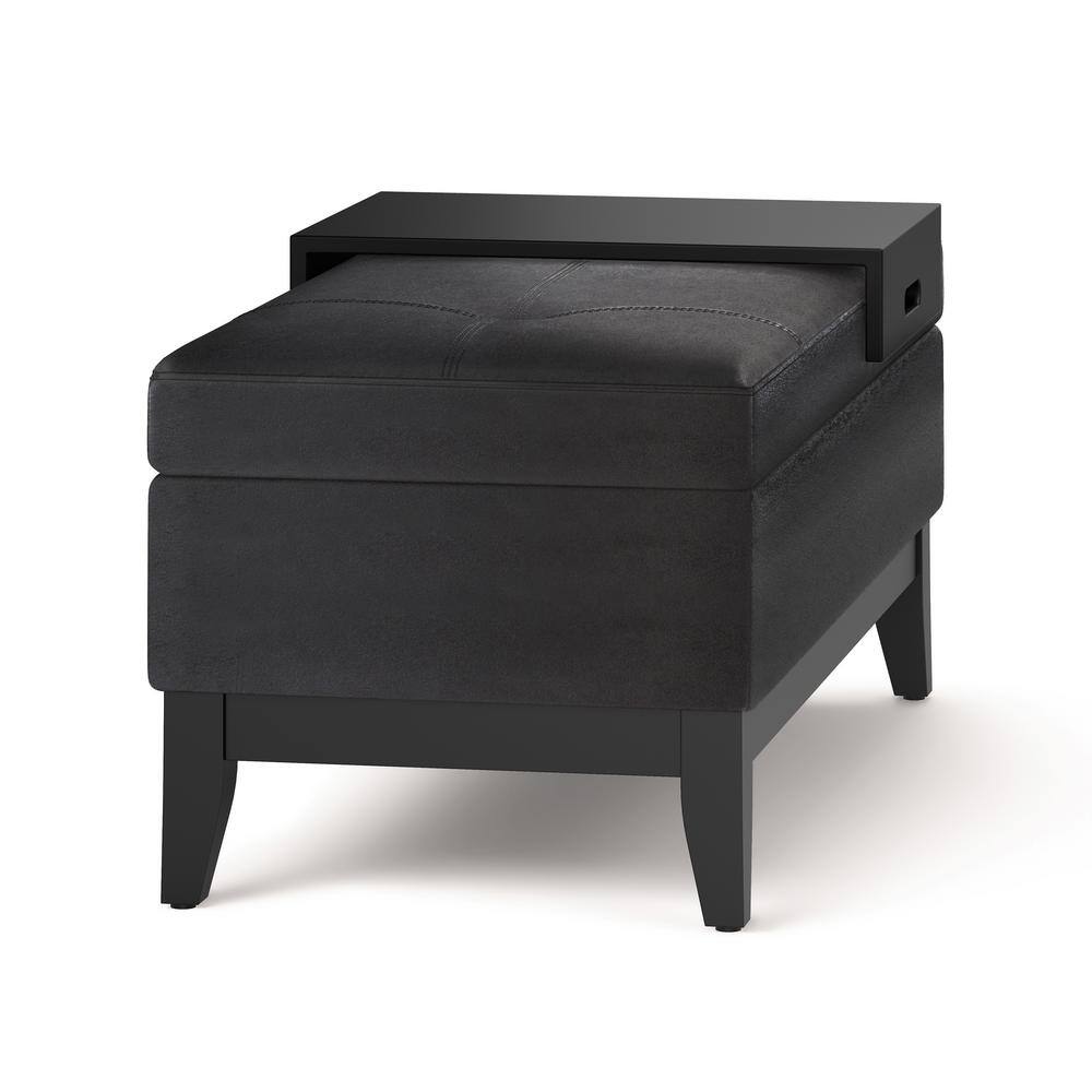 Distressed Black Tufted Footstool Ottoman with Sturdy Tray