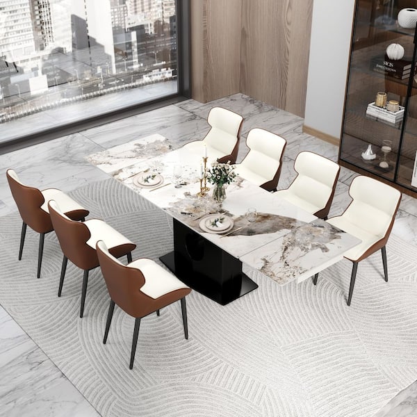63 in. to 94 in. Rectangle Modern Pandora Sintered Stone Extendable Pedestal Dining Table Stainless Steel Base Seats 10