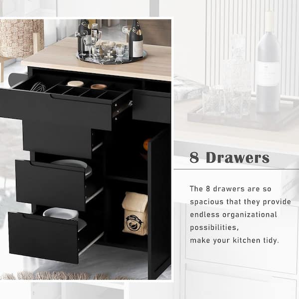 Black Wood 53.1 in. Kitchen Island on 5-Wheels with Storage Cabinet An