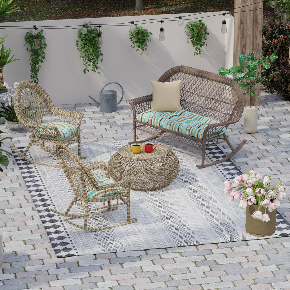 Turquoise Stripe Tufted Outdoor Wicker Cushion Set