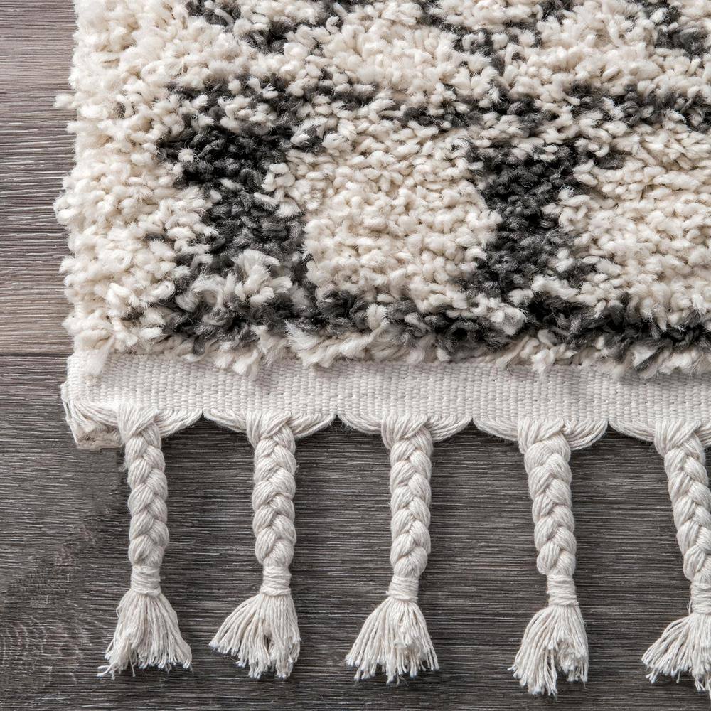 Ivory Geometric Braided Shag Area Rug with Tassels