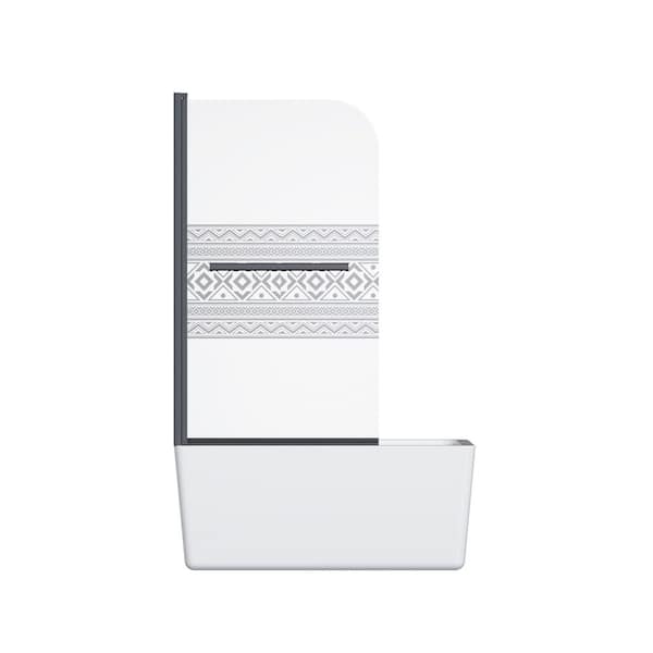 32 in. W x 55 in. H Pivot Tub Door in Matte Black with Bohemian Patterned Tempered Glass